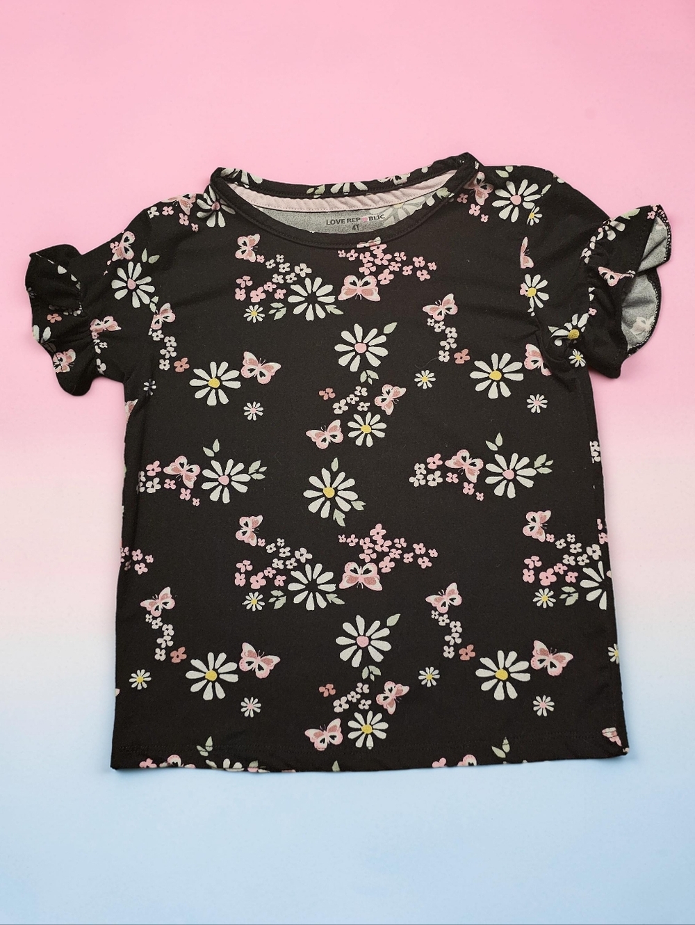 LOVE REPUBLIC Girls' Black Floral & Butterfly Short Sleeve Top. Size 4T.